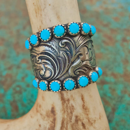 Western Engraved Symbol Square Cut Turquoise Ring