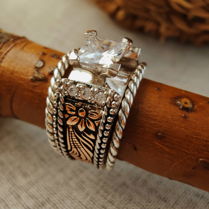 3pc Sterling Silver Twist Band Flower Western Engagement Rings