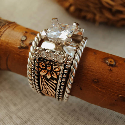 3pc Sterling Silver Twist Band Flower Western Engagement Rings