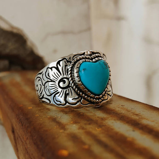 Women Western Flower Heart Turquoise Rings