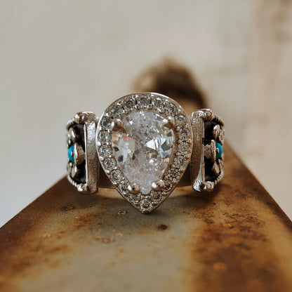 Western Plant Engraved Round Turquoise Pear Diamond Rings