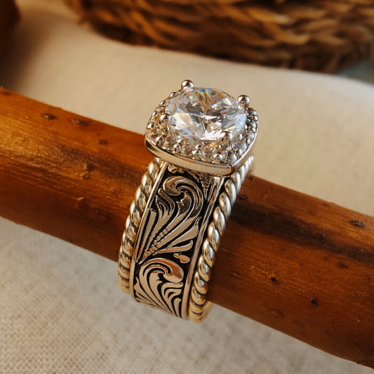 3pc Sterling Silver Twist Flower Western Engagement Ring Set