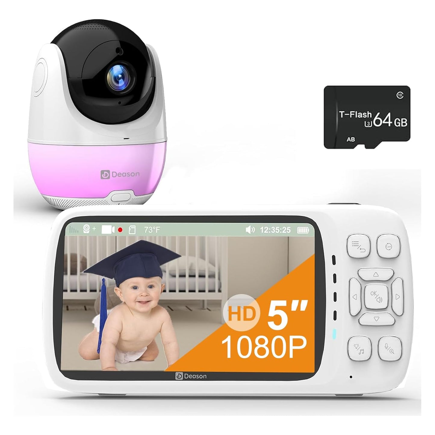 DEASON No WiFi Baby Monitor with Camera and Audio, Early Education and White Noise 64G TF Card 5" Screen 1080P Video 2-Way Talk, Sound & Temp Alarm, Night Vision and 1200ft Range