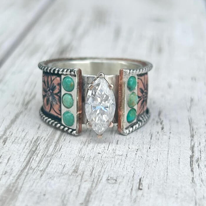 Flower Engraved Rose Gold Diamond Turquoise Rings