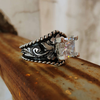 Women Rope Edge Flower Princess Cut Western Style Wedding Rings