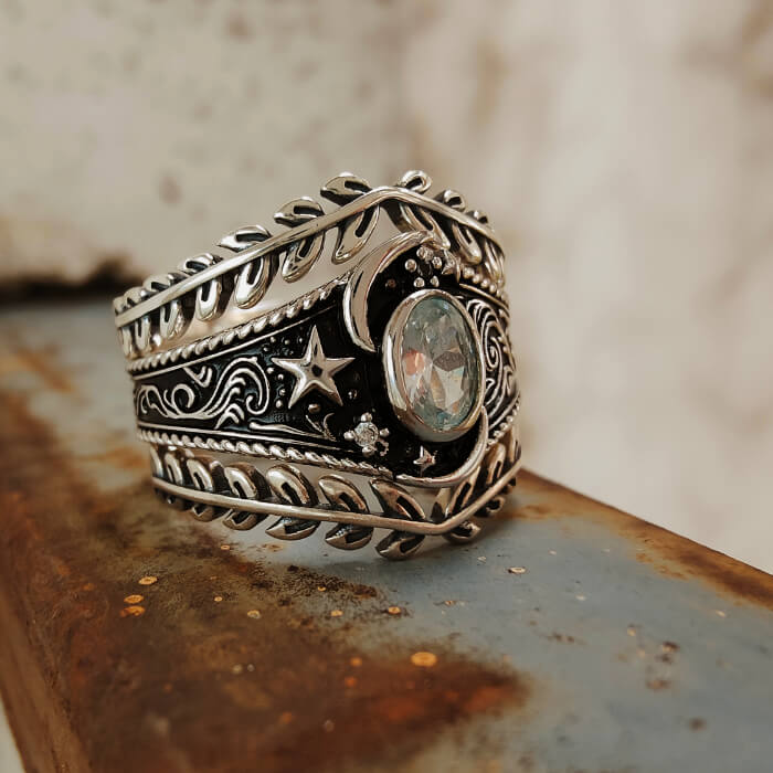 3pc Wide Moon and Star Ring – Celestial Goddess Jewelry with Oval Gemston