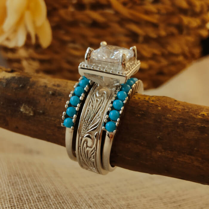 3pc Retro Princess Cut Diamond Western Promise Ring with Turquoise