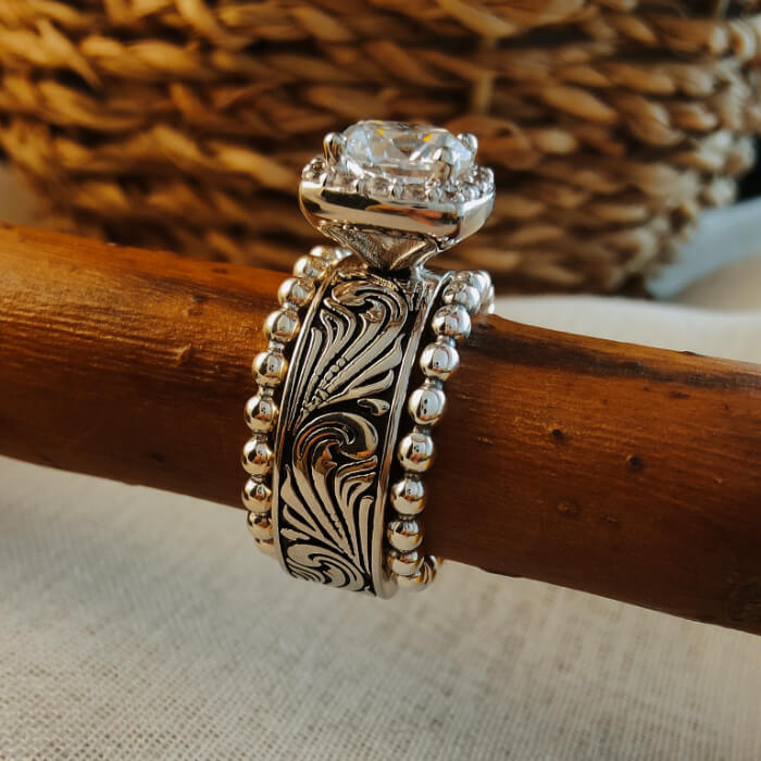 3pc Sterling Silver Bead Flower Western Engagement Ring Set