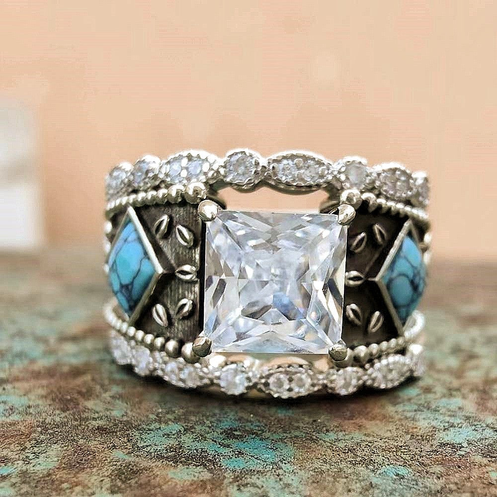 3pc Diamond Sterling Silver Vintage Turquoise Ring Set