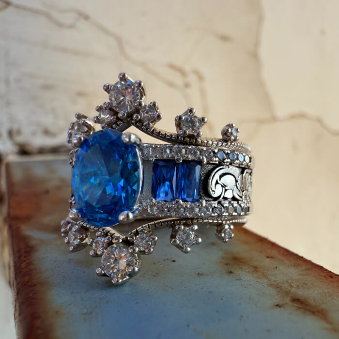 3pc Flower Oval Sapphire Engravable Country Style Wedding Rings