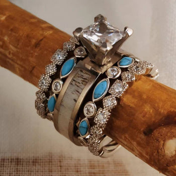 5pc Silver Square Diamond Antler Turquoise Engagement Ring