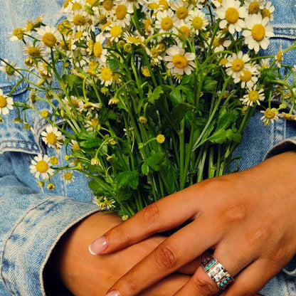 Women Flower Square Diamond Western Turquoise Wedding Ring