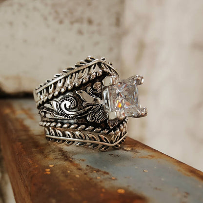 3PC Vintage Western Ring Set with Antique Silver Bands