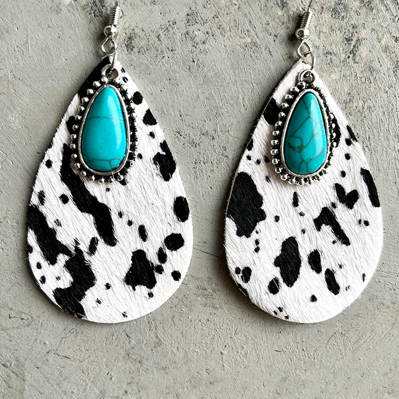 Western Cows Print Turquoise Drops Earrings
