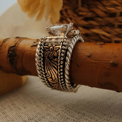 3pc Sterling Silver Twist Band Flower Western Engagement Rings