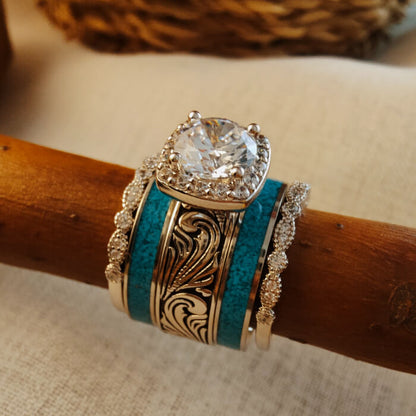 5pc Sterling Silver Western Turquoise And Diamond Ring