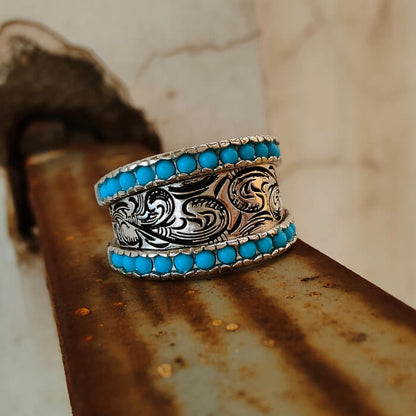 Women Western Flower Turquoise Band Rings for Women