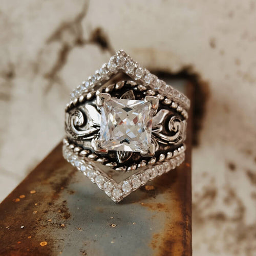 3PC Vintage Western Ring Set Square Cut Engagement Ring