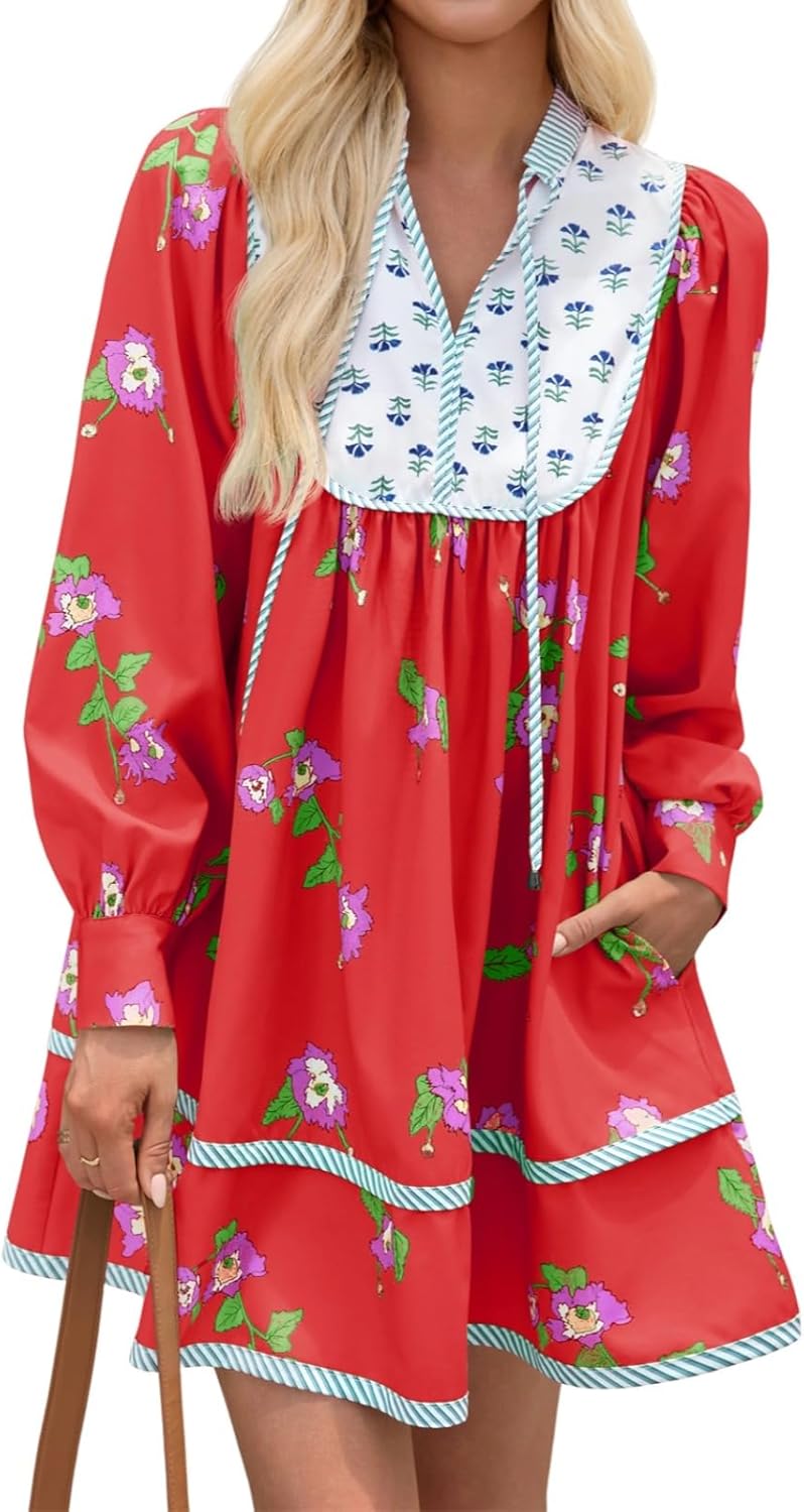 Womens Casual Floral Mini Dress 2025 Fall Long Sleeve V Neck Patchwork Loose Boho Shirt Dresses