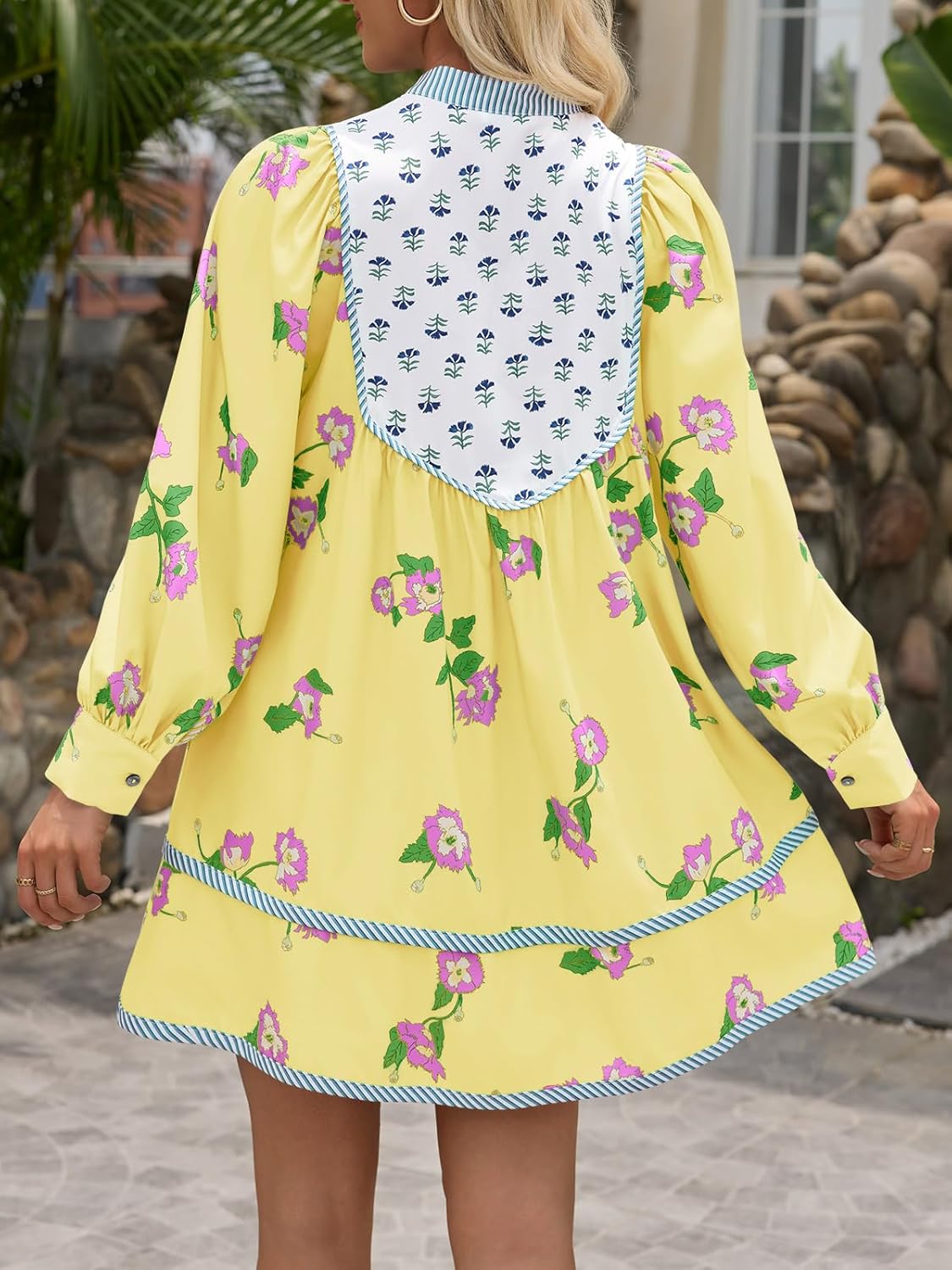 Womens Casual Floral Mini Dress 2025 Fall Long Sleeve V Neck Patchwork Loose Boho Shirt Dresses