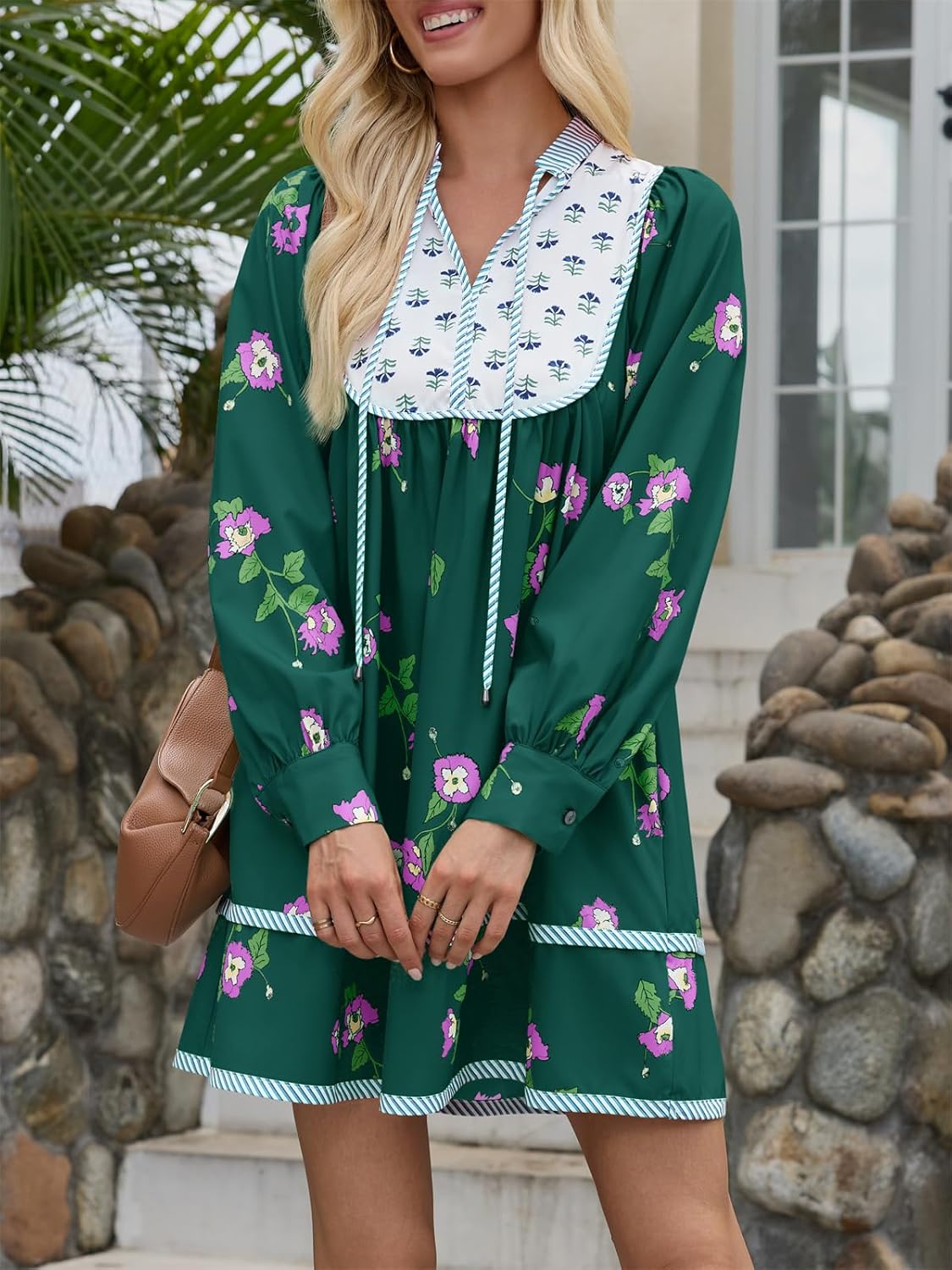 Womens Casual Floral Mini Dress 2025 Fall Long Sleeve V Neck Patchwork Loose Boho Shirt Dresses