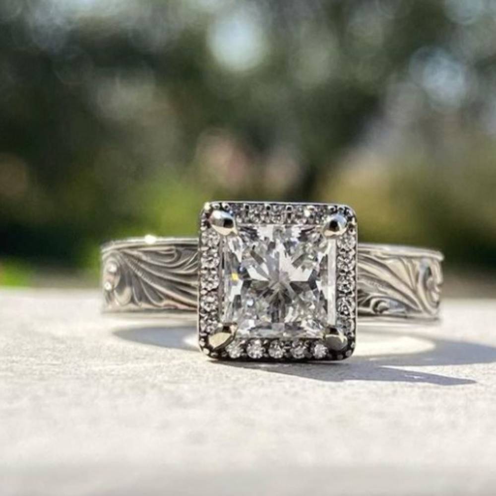 Flower Engraved Square Western Diamond Ring