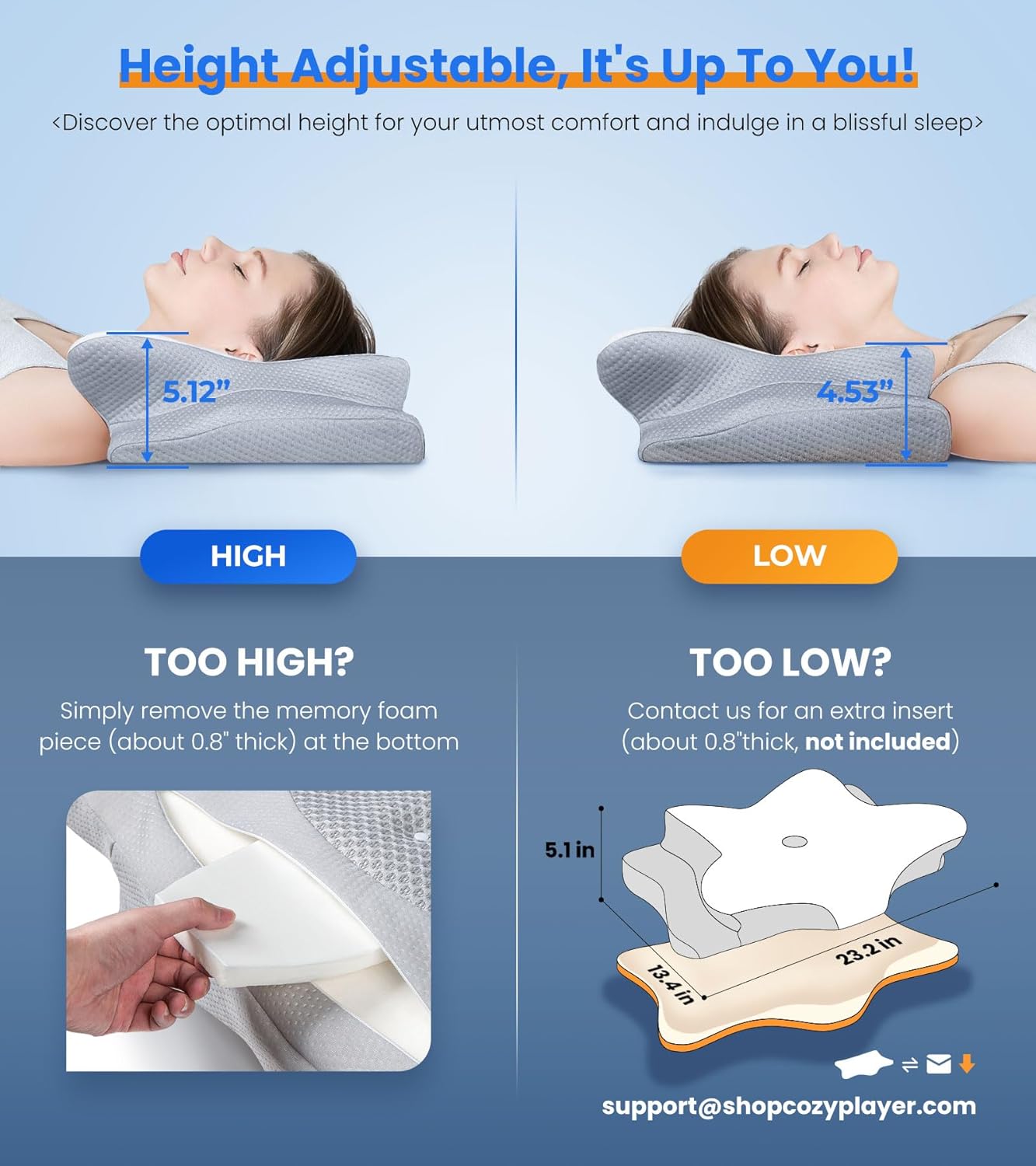 Adjustable Cervical Pillow Cozy Sleeping, Odorless Ergonomic Contour Memory Foam Pillows