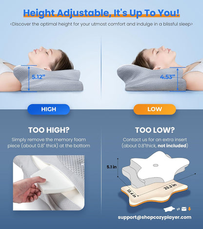 Adjustable Cervical Pillow Cozy Sleeping, Odorless Ergonomic Contour Memory Foam Pillows