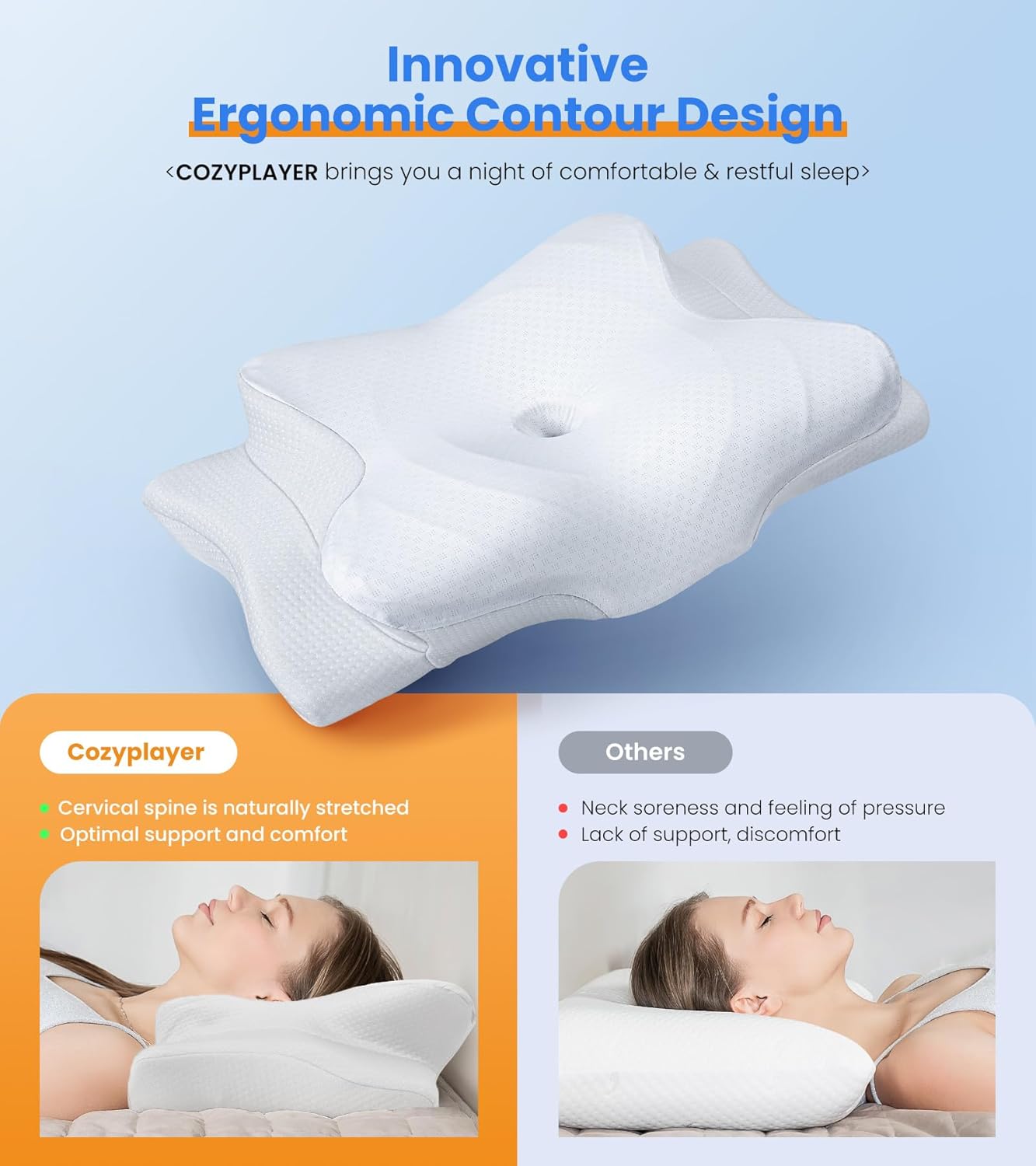 Adjustable Cervical Pillow Cozy Sleeping, Odorless Ergonomic Contour Memory Foam Pillows