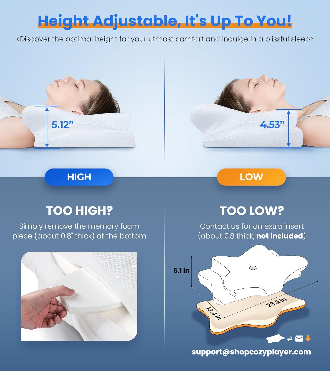 Adjustable Cervical Pillow Cozy Sleeping, Odorless Ergonomic Contour Memory Foam Pillows