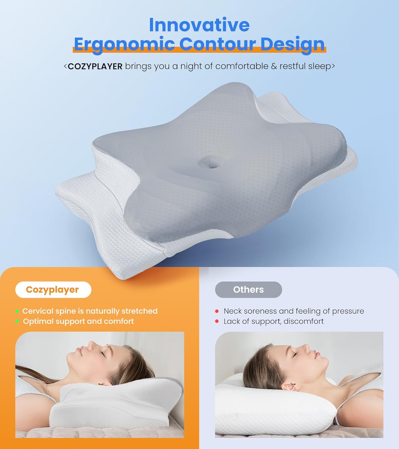 Adjustable Cervical Pillow Cozy Sleeping, Odorless Ergonomic Contour Memory Foam Pillows