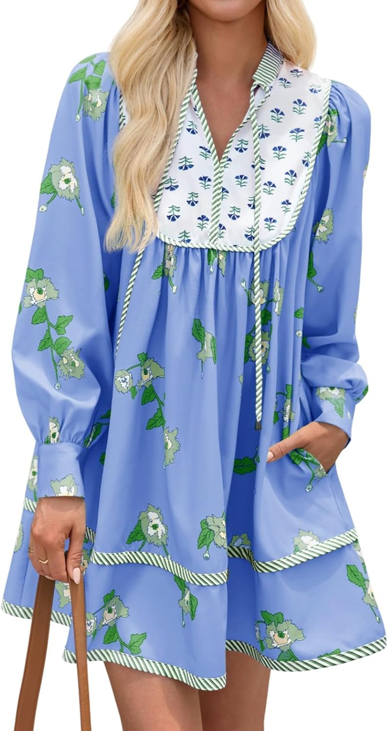 Womens Casual Floral Mini Dress 2025 Fall Long Sleeve V Neck Patchwork Loose Boho Shirt Dresses