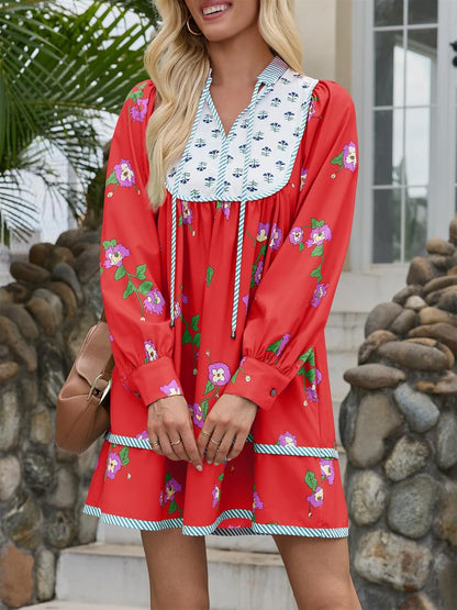 Womens Casual Floral Mini Dress 2025 Fall Long Sleeve V Neck Patchwork Loose Boho Shirt Dresses