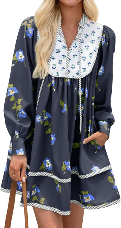 Womens Casual Floral Mini Dress 2025 Fall Long Sleeve V Neck Patchwork Loose Boho Shirt Dresses
