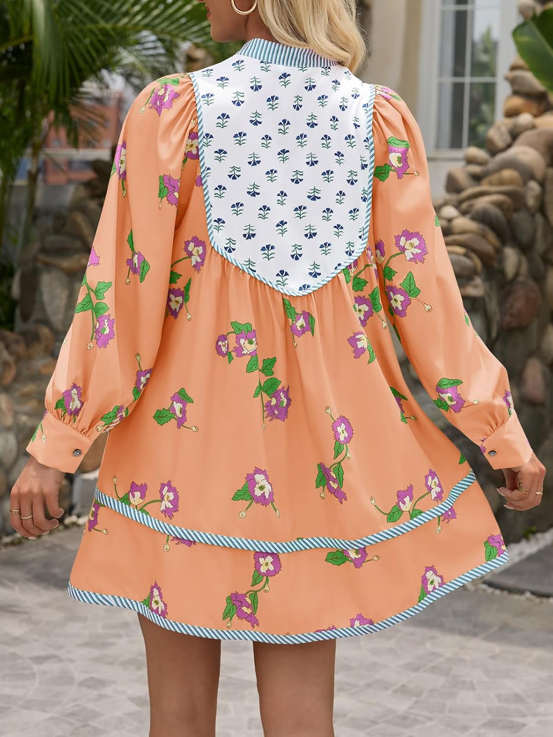 Womens Casual Floral Mini Dress 2025 Fall Long Sleeve V Neck Patchwork Loose Boho Shirt Dresses