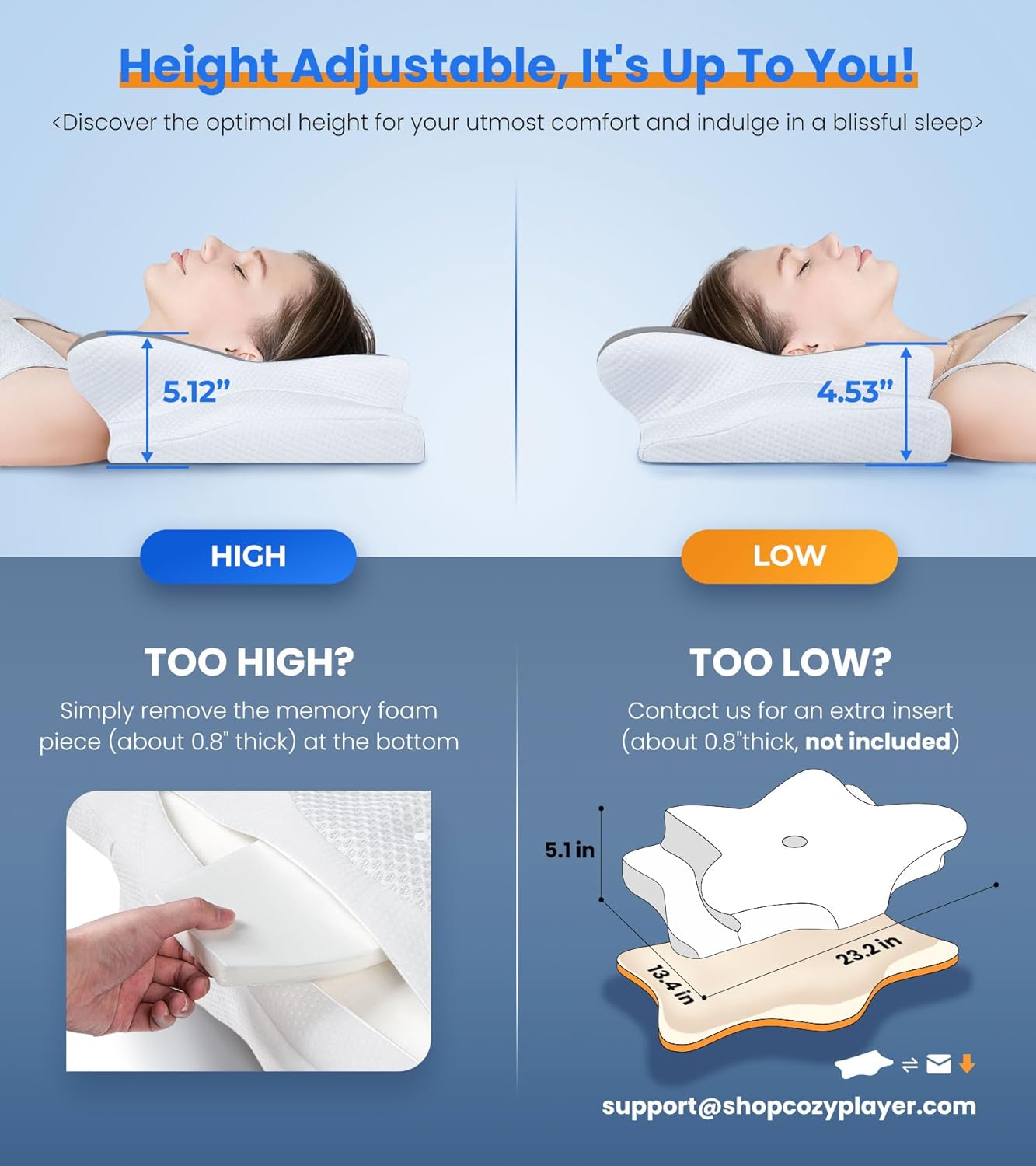Adjustable Cervical Pillow Cozy Sleeping, Odorless Ergonomic Contour Memory Foam Pillows
