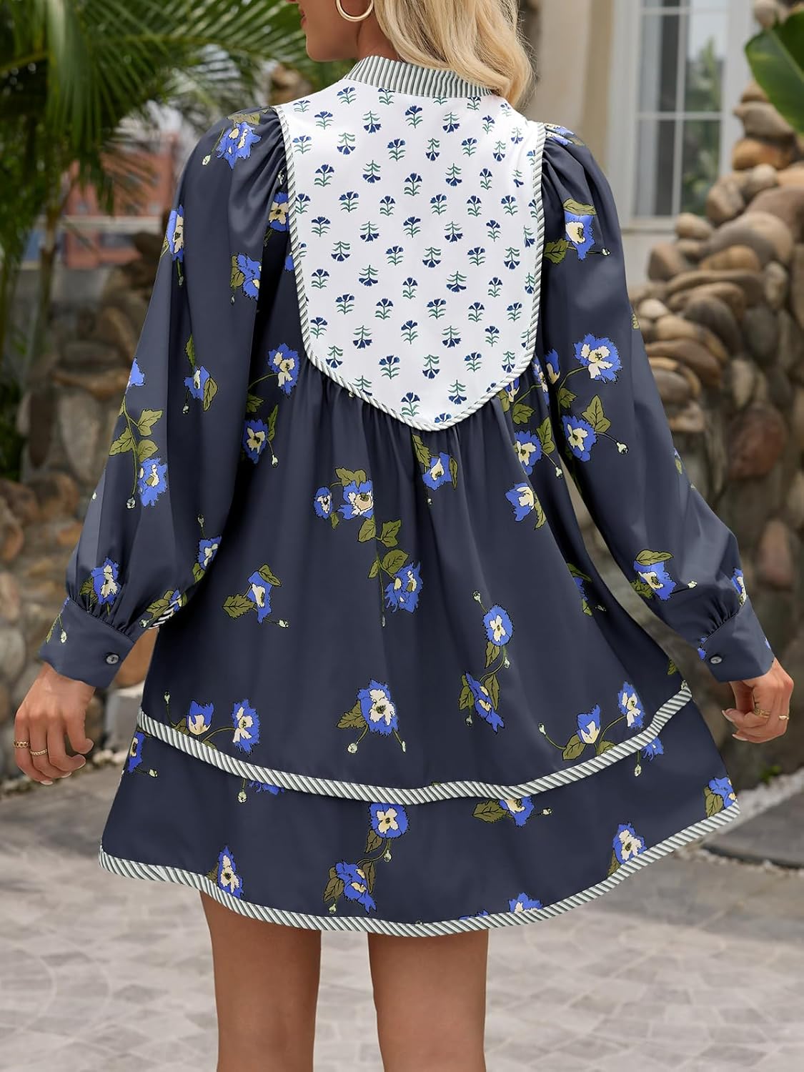 Womens Casual Floral Mini Dress 2025 Fall Long Sleeve V Neck Patchwork Loose Boho Shirt Dresses