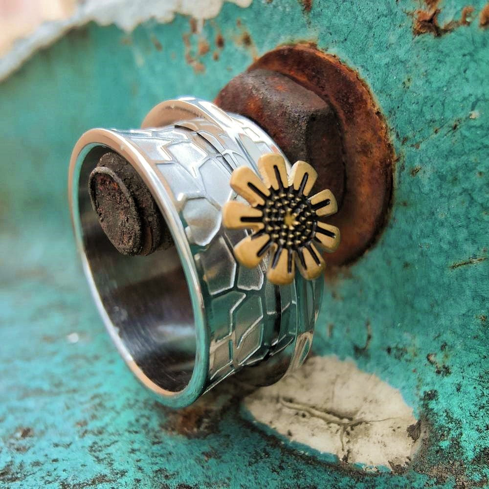 Steel Rotating Sunflower Hive Band Ring