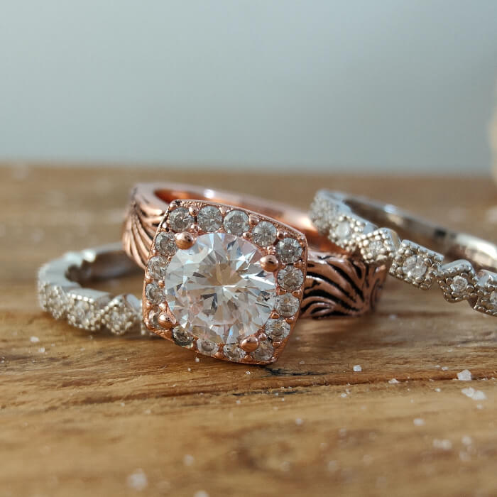 3pc Round Moissanite Rose Gold Vintage Western Rings