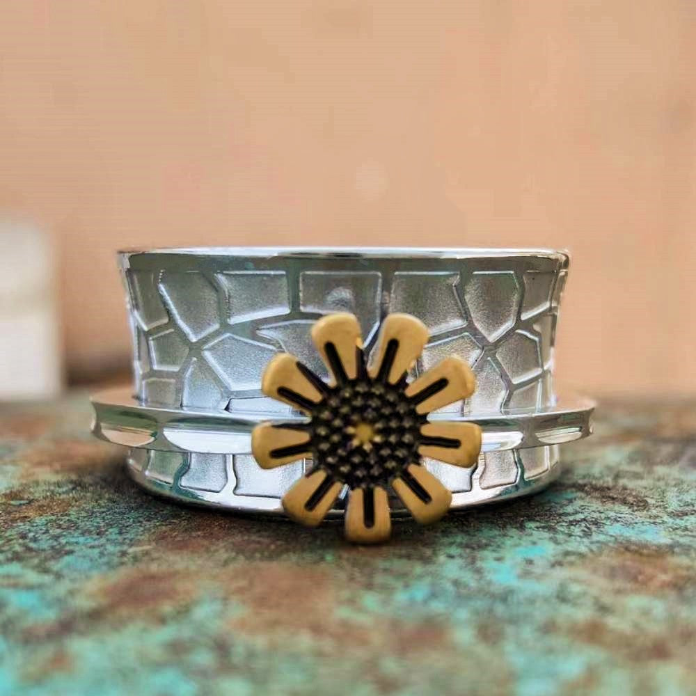 Steel Rotating Sunflower Hive Band Ring