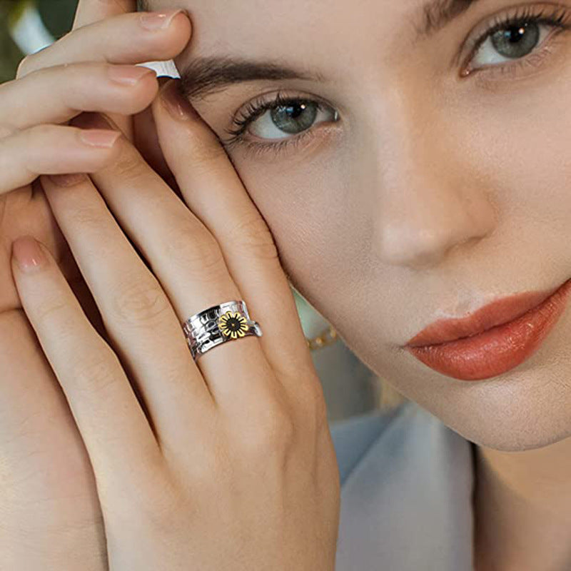 Steel Rotating Sunflower Hive Band Ring