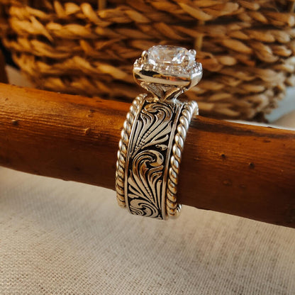 3pc Sterling Silver Twist Flower Western Engagement Ring Set