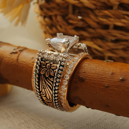 3pc Rose Gold Flower Square Diamond Western Promise Rings