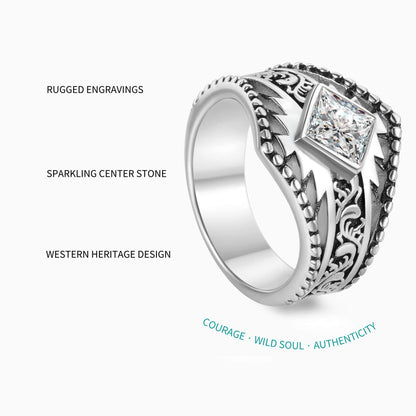 Western Symbol Princess Diamond Engraved Rustic Wedding Rings