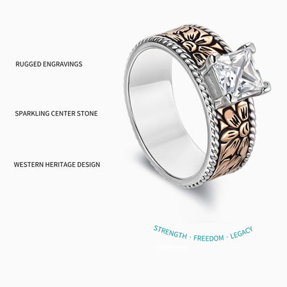 Flower Engraved Rose Gold Princess Cut Diamond Western Ring