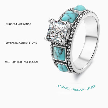 Square Engraved Vintage Turquoise Diamond Ring