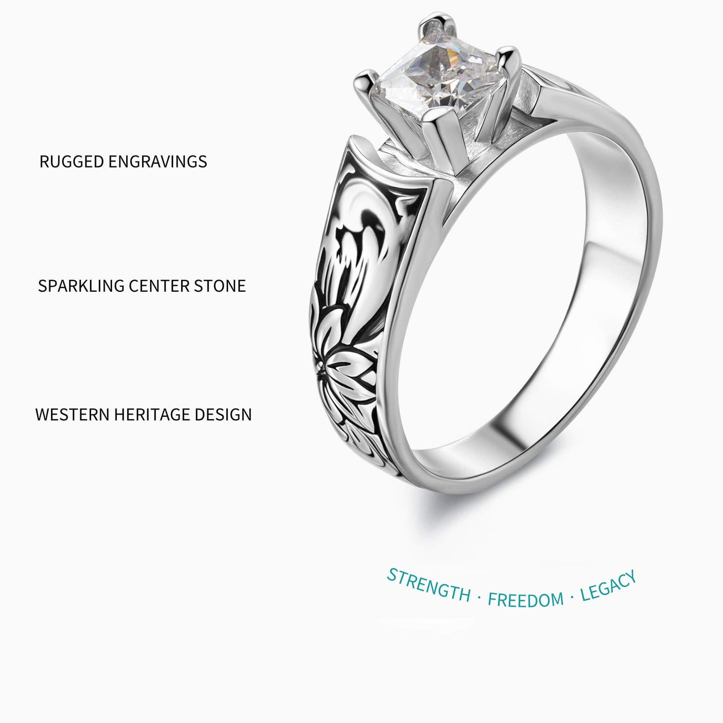 Women Flower Engraved Square Diamond Western Engagement Ring