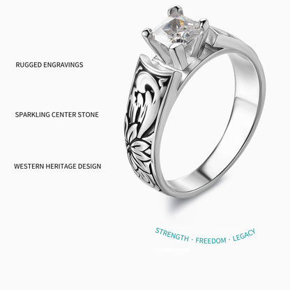 Women Flower Engraved Square Diamond Western Engagement Ring