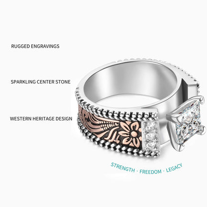 Retro Two- Color Flower Wide Band Square Diamond Ring