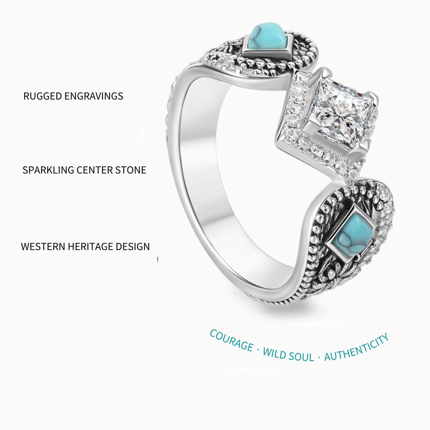 Flower Engraved Princess Cut Western Turquoise Engagement Ring